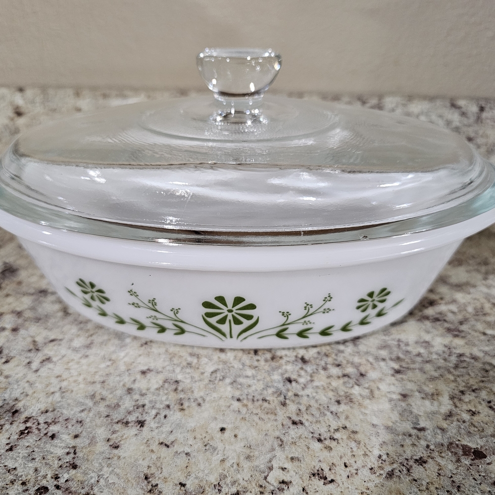 Elegant White Glasbake Casserole Dish with Green Floral Design